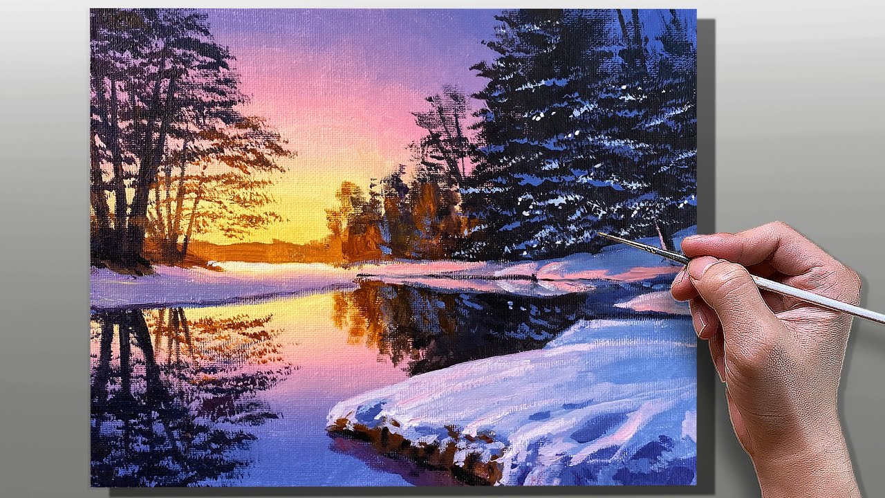 How to Paint Winter Lake Sunset / Step-by-step Acrylic Painting / Correa Art