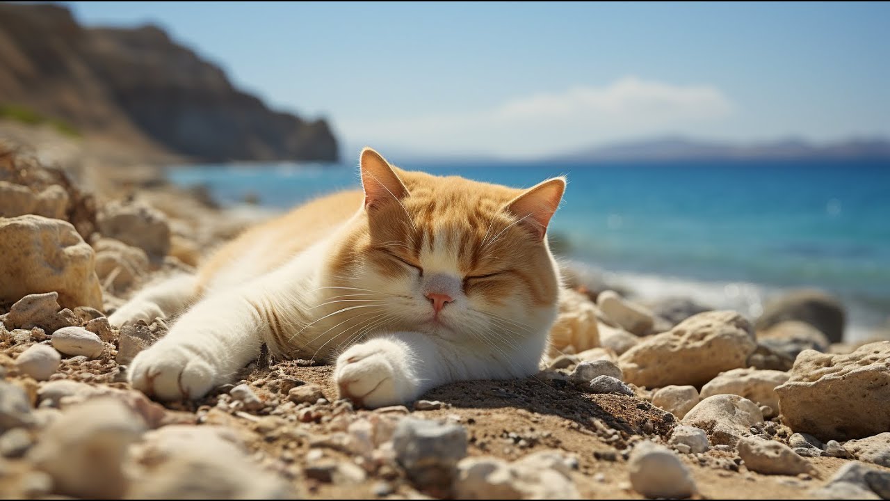 Serene Whiskers A Relaxing Day with a Snoozing Ginger Cat by the Sea