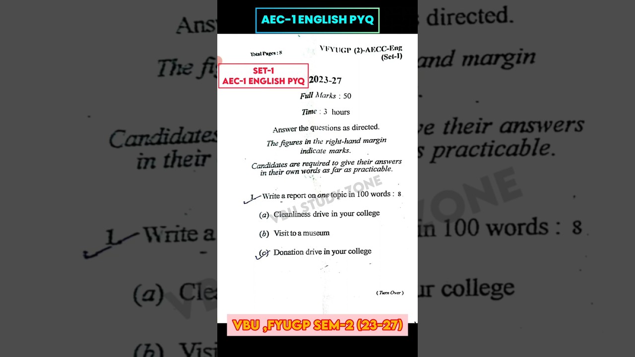 FYUGP SEM-2 PYQ (2023&ndash;27) | AEC-1 English Question Paper | Vinoba Bhave University Hzb | Set-1