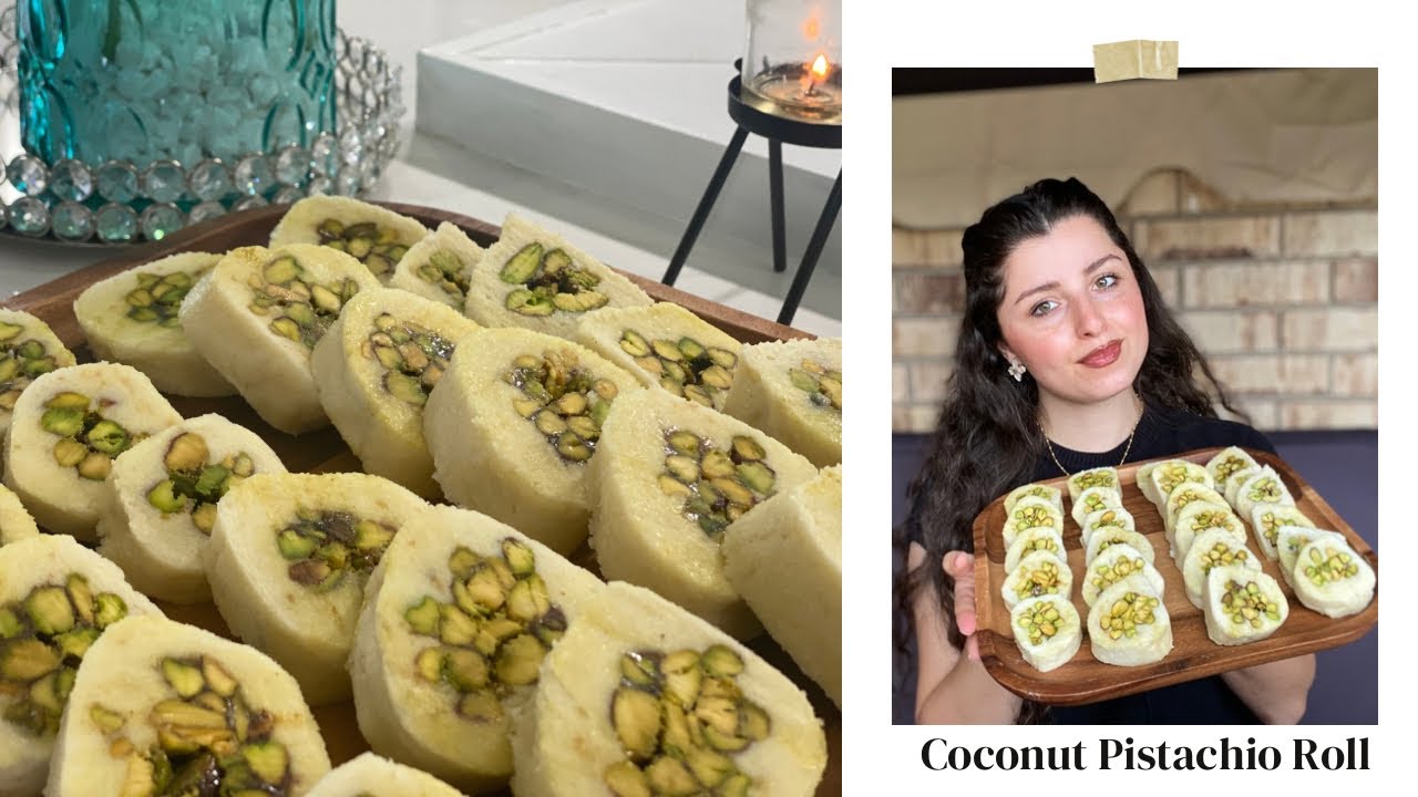 Coconut Marshmallow Roll with Pistachios | مبرومة الجوز الهند بالفستق