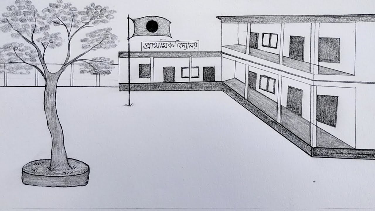 How to draw School Scene step by step | primary school scenery drawing with pencil (very easy) | |