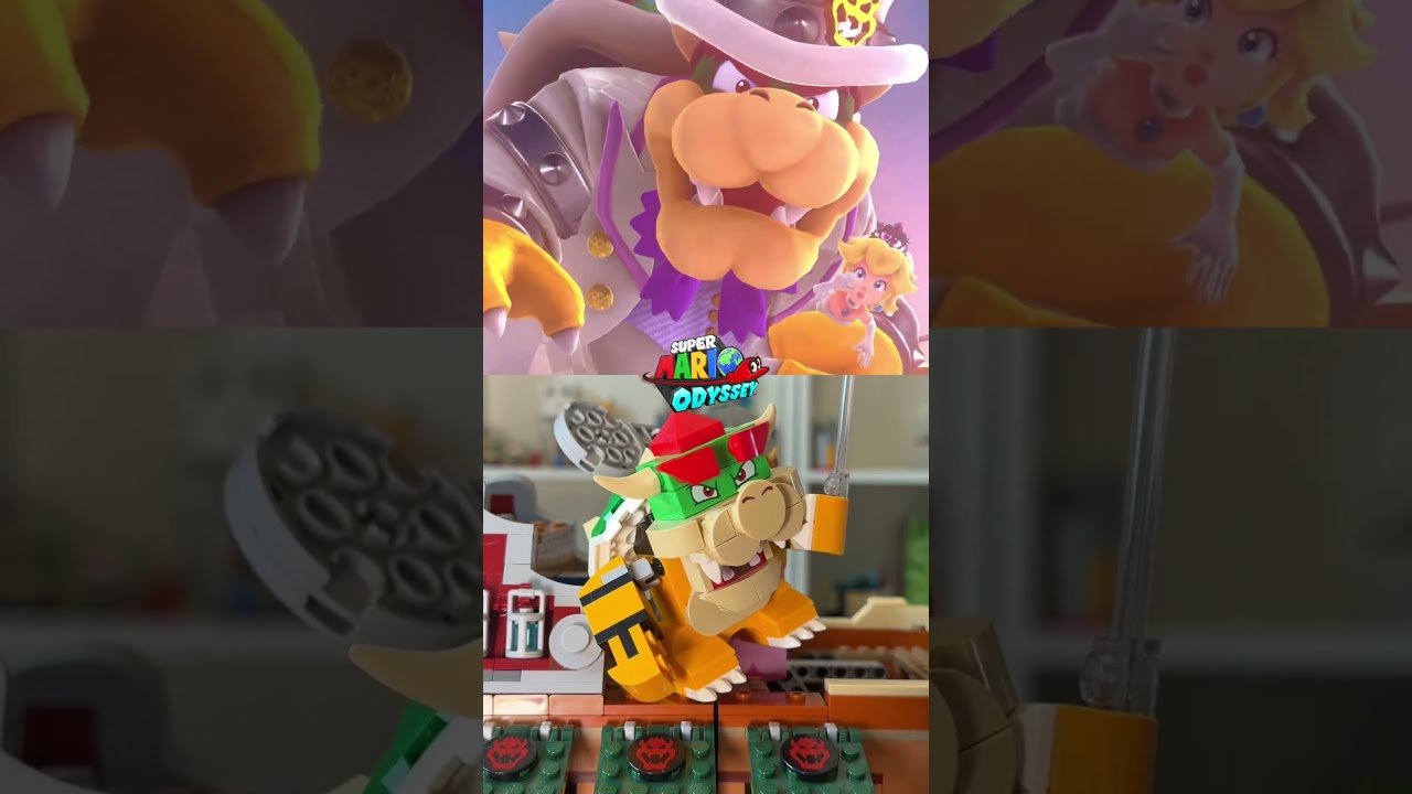 LEGO vs. video game: super mario odyssey (bowser crushes mario's hat)