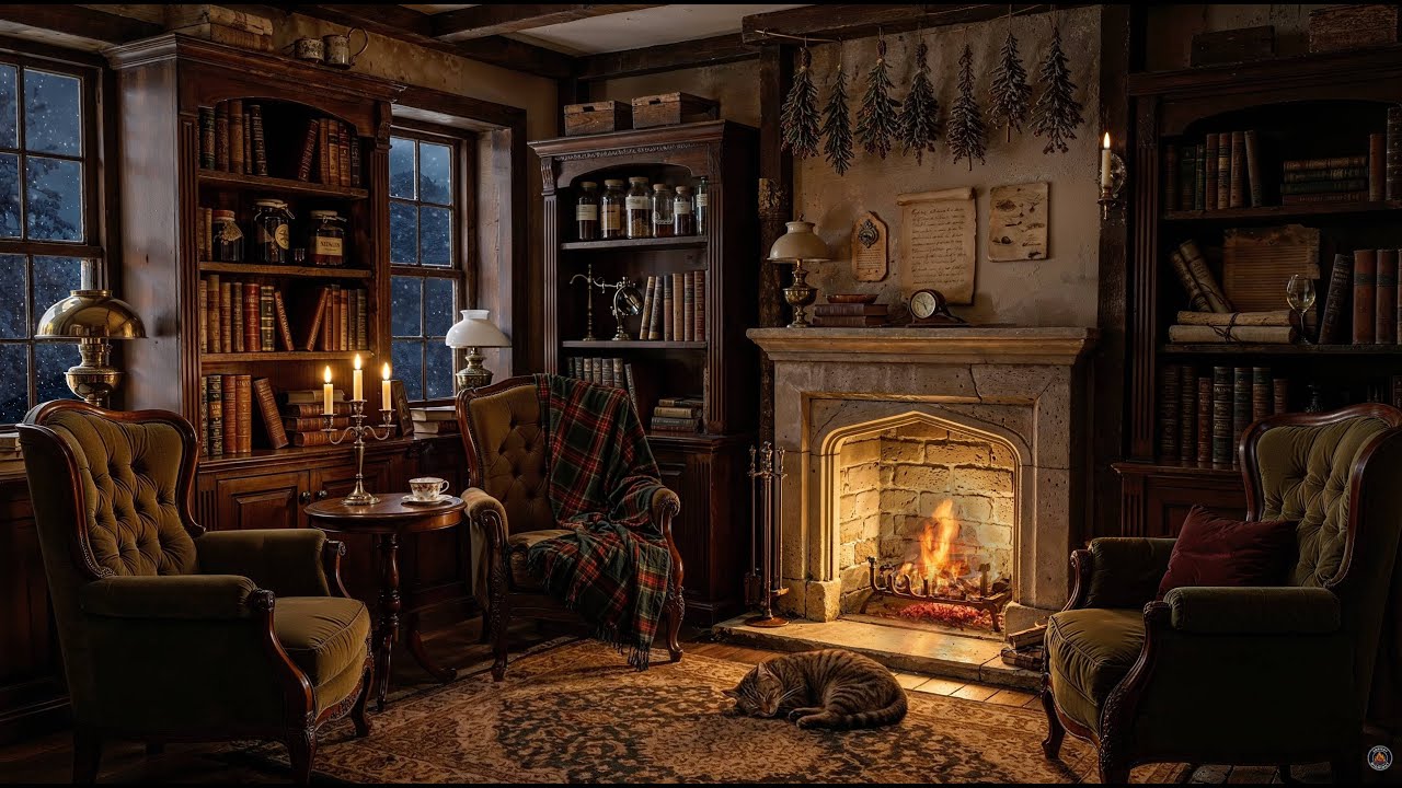 Professor Sprout’s Cozy Fireplace Room | Blizzard Sounds | Hogwarts Winter Ambience for Relax, Study