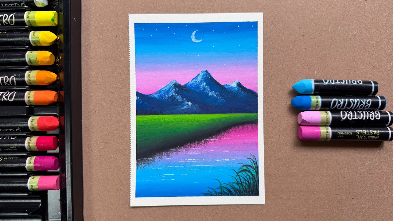 Easy Dreamy Moonlight Mountain Landscape | Oil Pastel Drawing Tutorial