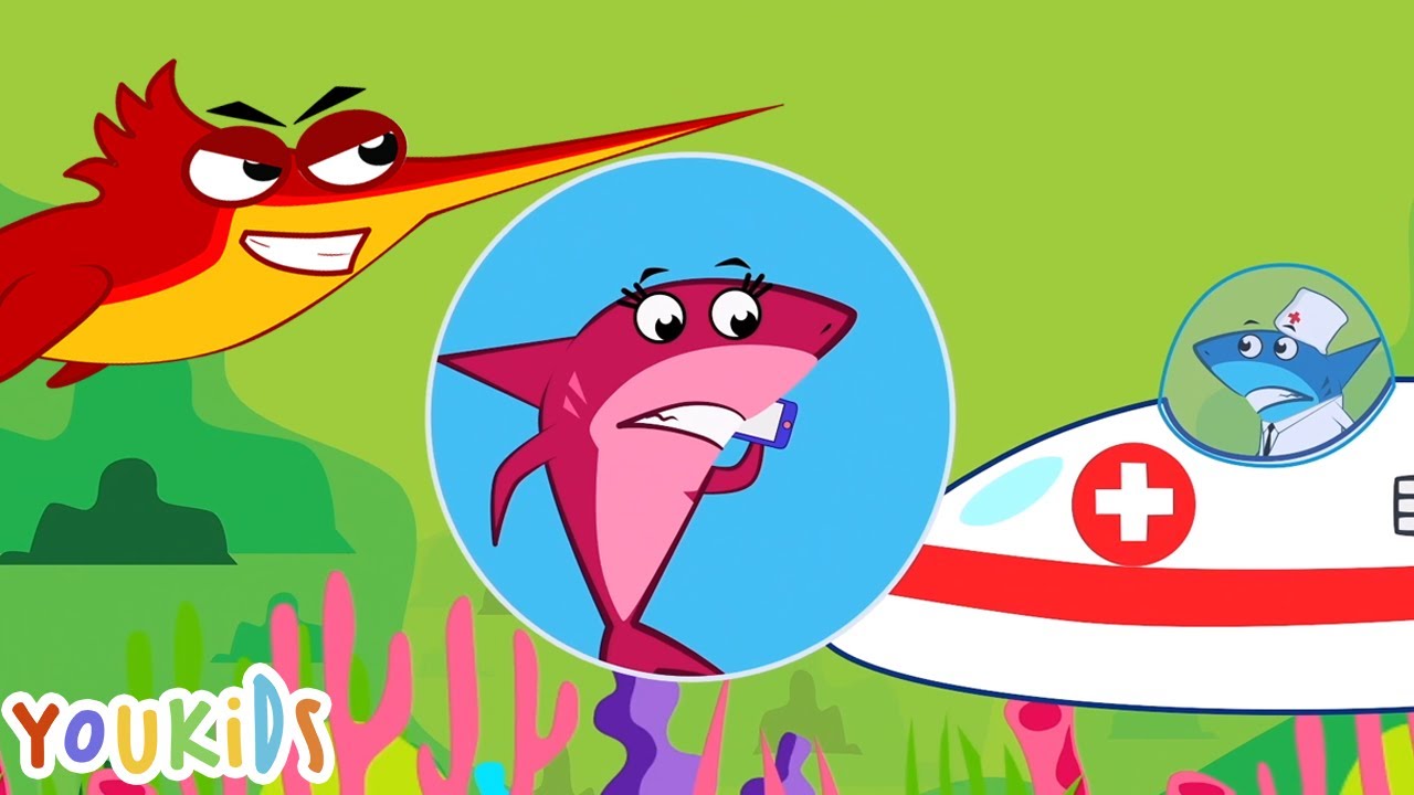 Five Little Baby Sharks Jumping on the Bed, but Swordfish Comes...
