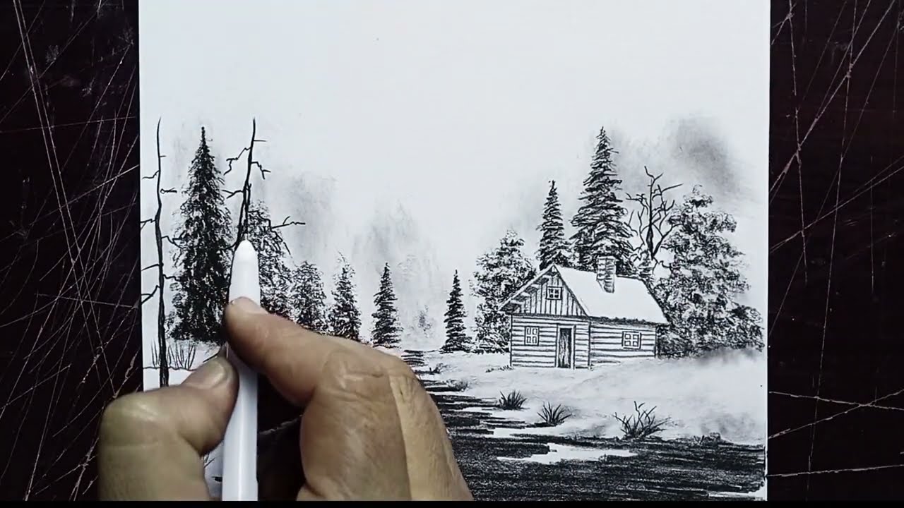 Pencil sketch a Wooden house and riverside | Foggy Winter Wildfire Scenery📝