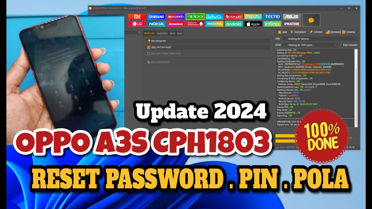 Oppo A3s ( Cph1803 & Cph1853 ) Reset Sandi Pin Pola / Tanpa Bongkar / Via UnlockTool