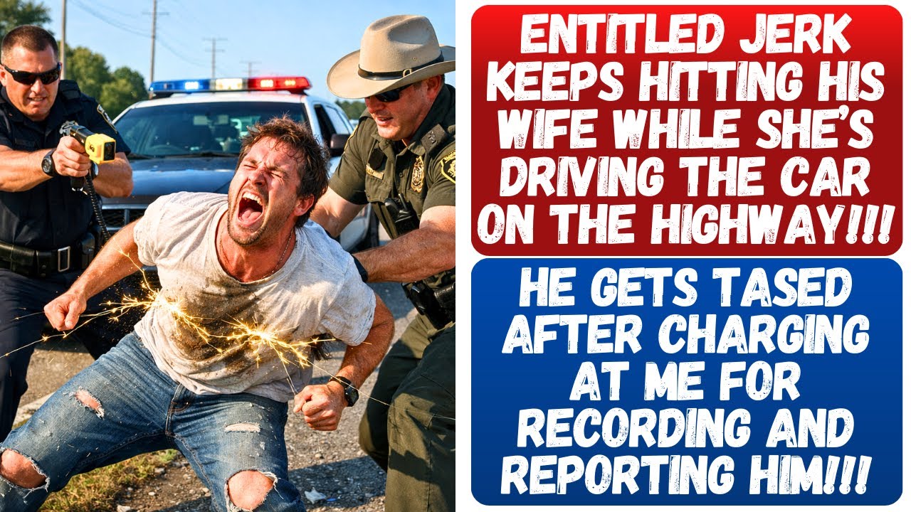 ENTITLED JERK GETS TASED AFTER I RECORD HIM HITTING HIS WIFE WHILE SHE'S DRIVING THEIR CAR!!!