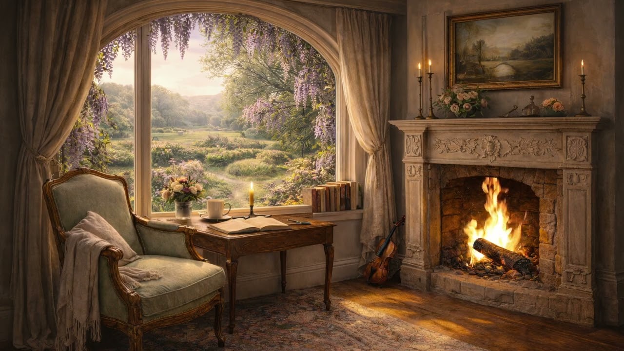 Reading Beneath the Wisteria 🌸📖 | Pride and Prejudice Longbourn Fireplace Ambience