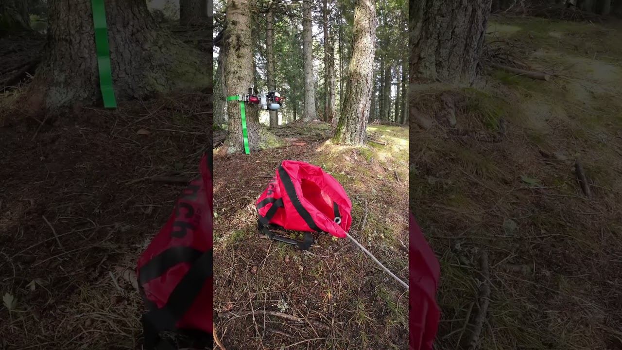 VF105 Red Iron, Portable Forestry Winch: Pulling trees using a rigging re-direct pulley.