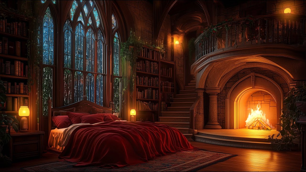 Thunderstorm Haven - Cozy Fireplace Rainy Night in a Medieval Castle Room for 12 Hours