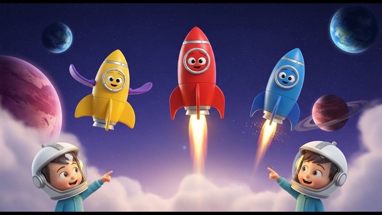 Tres  Pequeños Cohetes de Juguete Volando al Espacio | Canciones Infantiles y Rimas