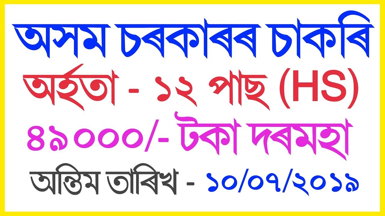 Assam govt job 2019 // HS pass job //  Last date - 10.07.2019