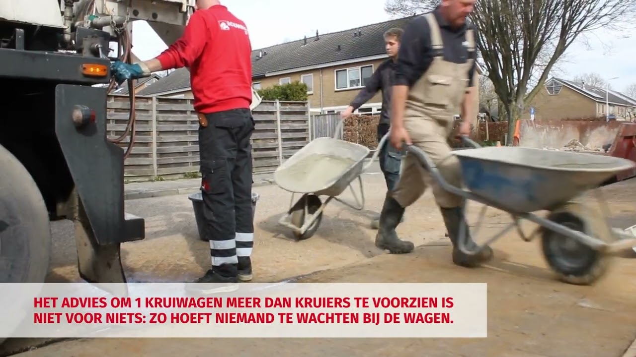 Beton storten door Rouwmaat, gelost met kruiwagens (kruien)