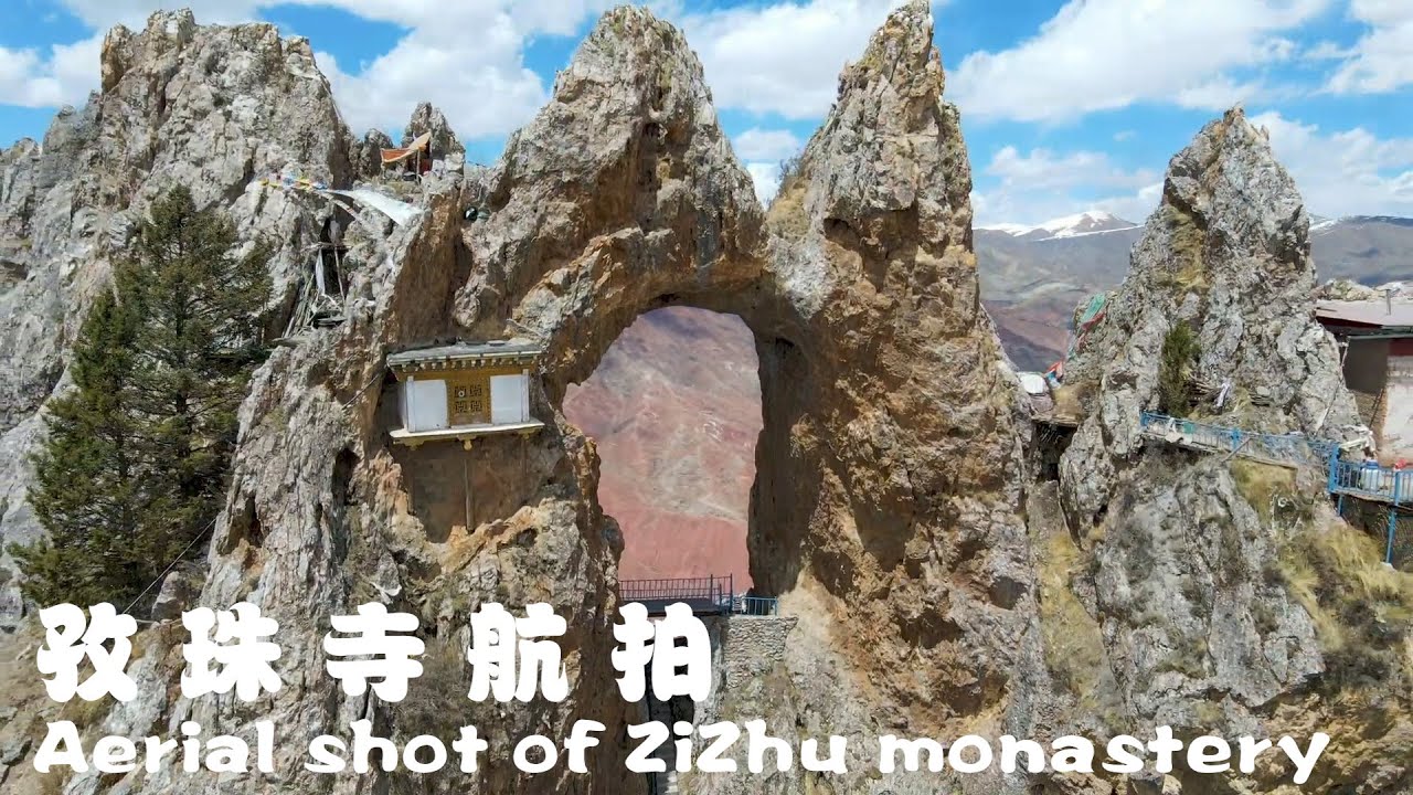 Aerial footage of Zizhu Monastery in Chamdo, Tibet. The largest monastery of Bon.