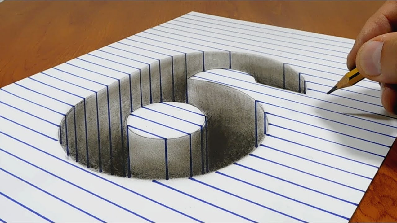 Draw a number 6 Hole on Line Paper   3D Trick Art