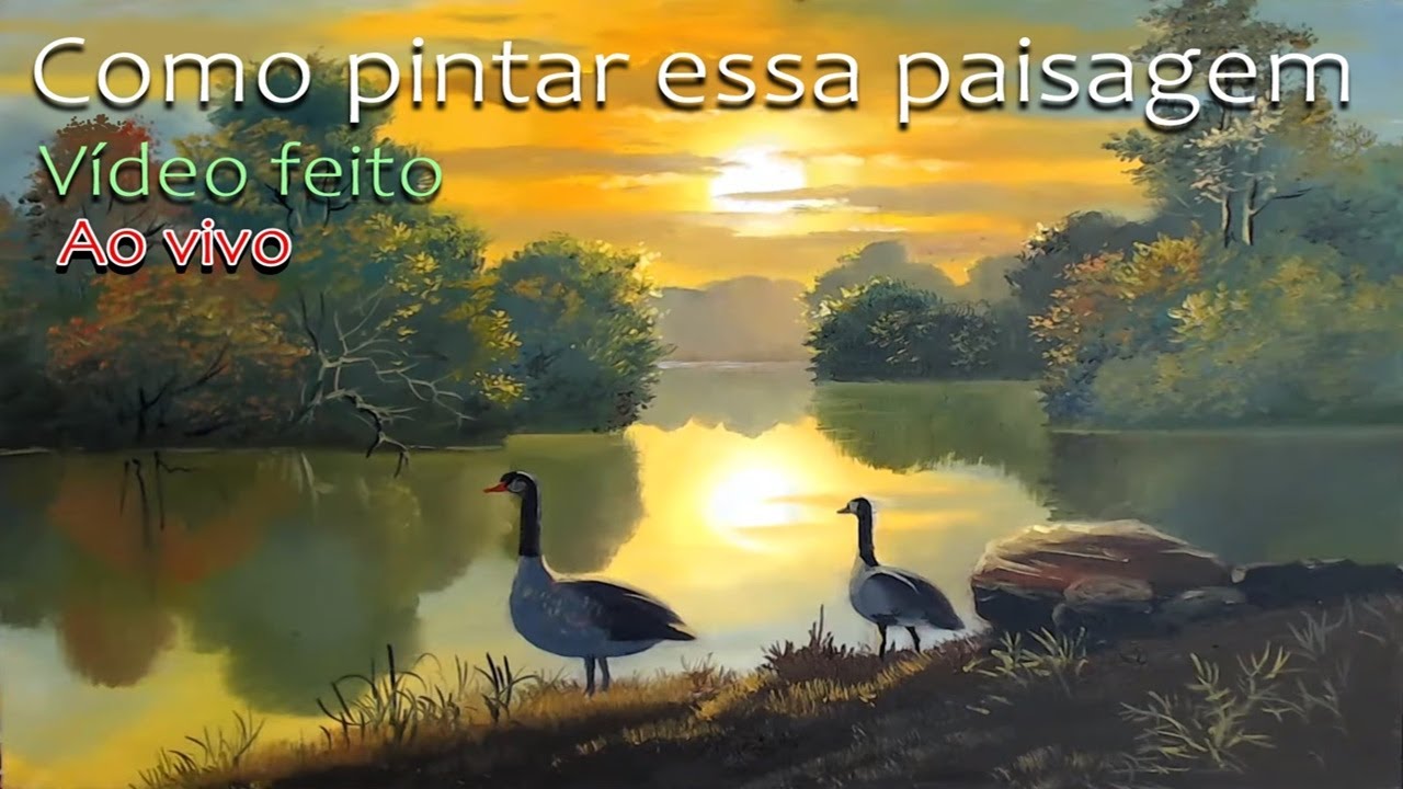 Pintura de por do sol com patos