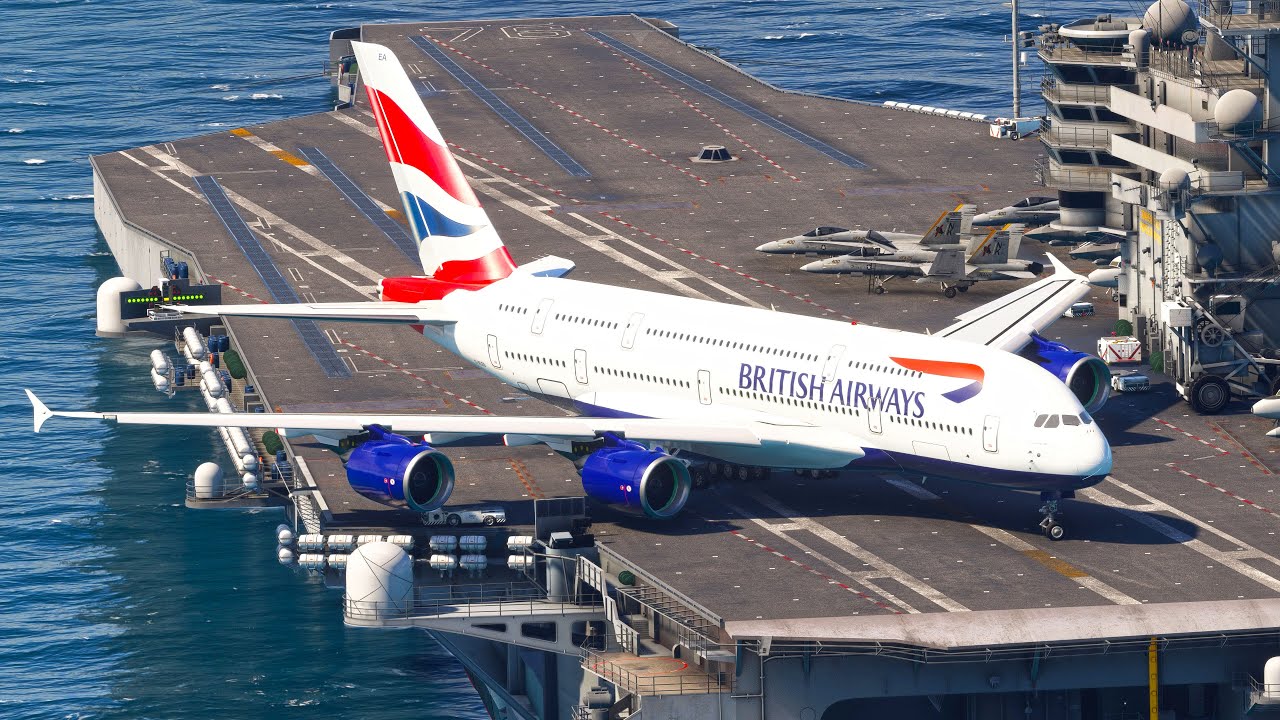 Super Rare Takeoff! British Airways A380 Takes Off from an Aircraft Carrier
