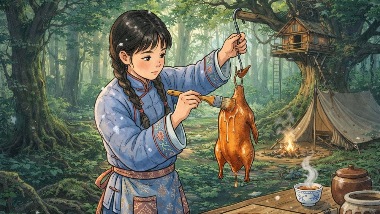 Grilling & Mukbang of a whole duck in an ancient forest | Ghibli style & Ghibli Alone
