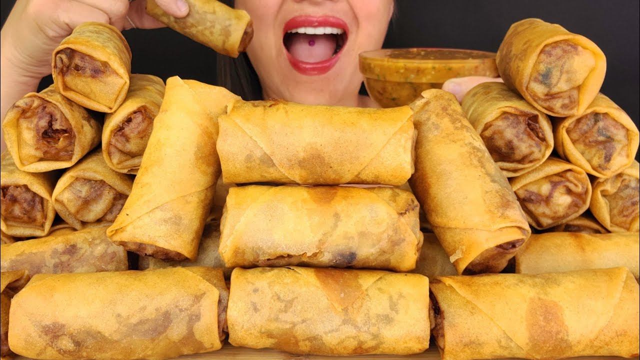 HOW MANY EGG ROLLS CAN I EAT?  ASMR MUKBANG CRUNCHY EATING NOISE BIG BITES SPICY PEANUT BUTTER SAUCE