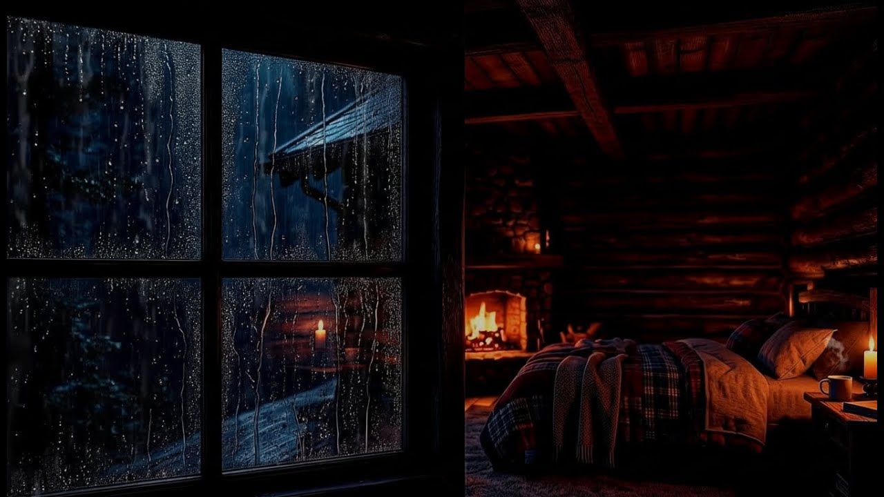 Rain on Cabin Roof & Warm Fireplace | Peaceful Forest Cabin Night for Deep Sleep