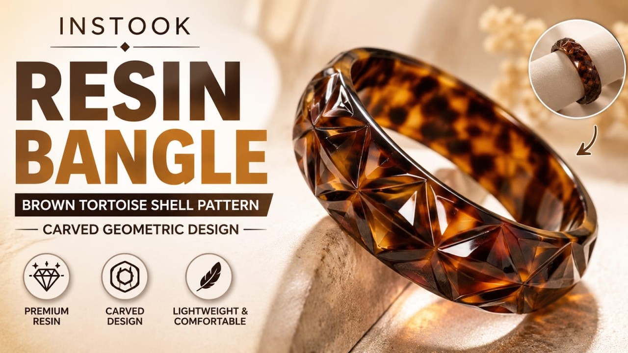 INSTOOK Resin Bangle Bracelet, Brown Tortoise Shell Pattern, Carved Geometric Design,