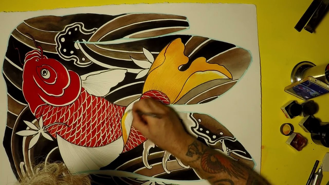 Koi TATTOO backpiece drowing watercolor
