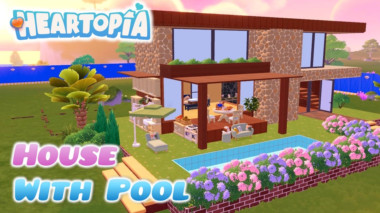 House with Pool Tutorial using only 4 plots in Heartopia [Full Build]