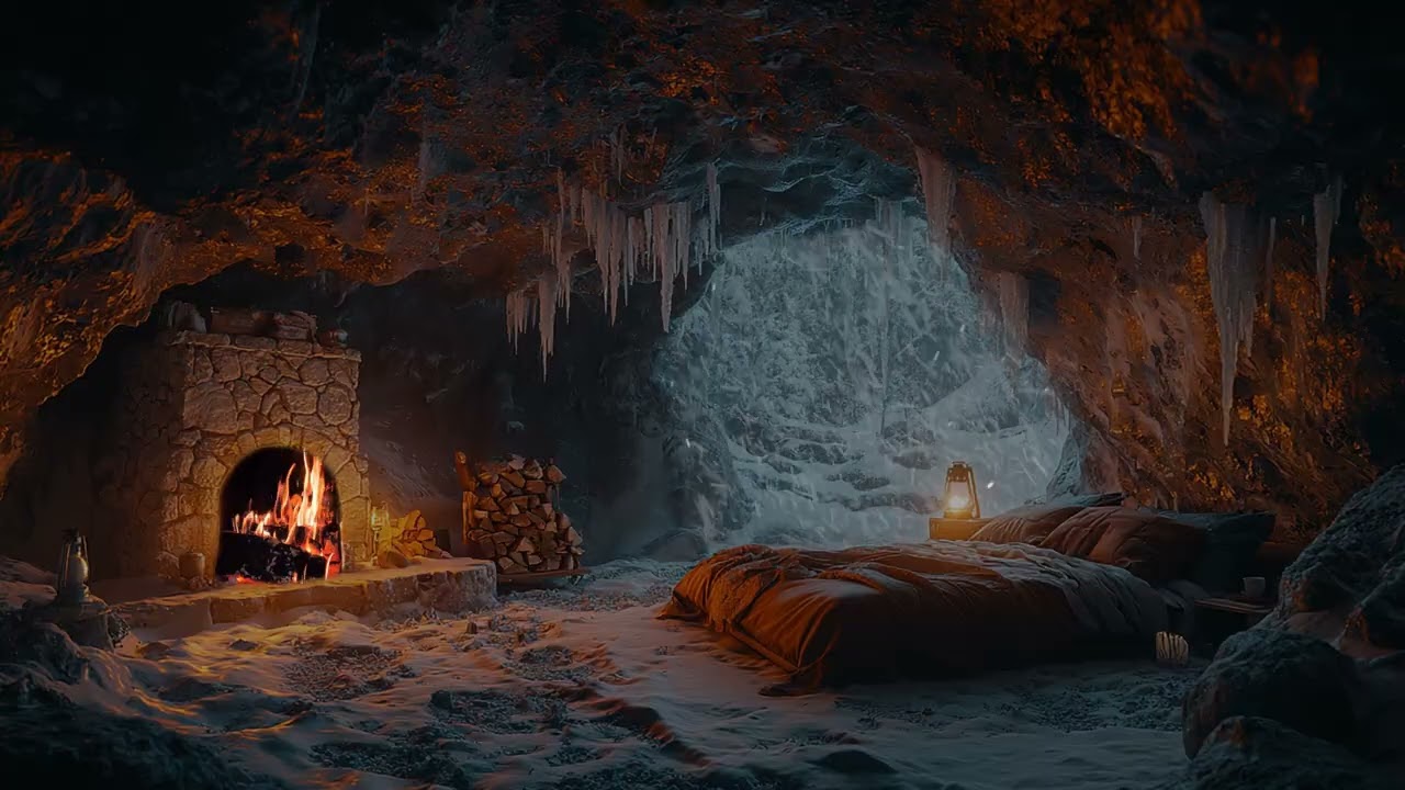 Cave with Falling Snow & Fireplace Burning | Crackling Fire Sounds, Howling Wind