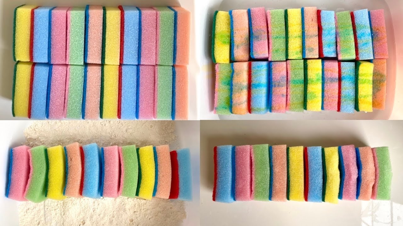 ASMR 🌈 80 kitchen sponges 🧽 bulk scour off sponge ripping edit compilation 1 of 2