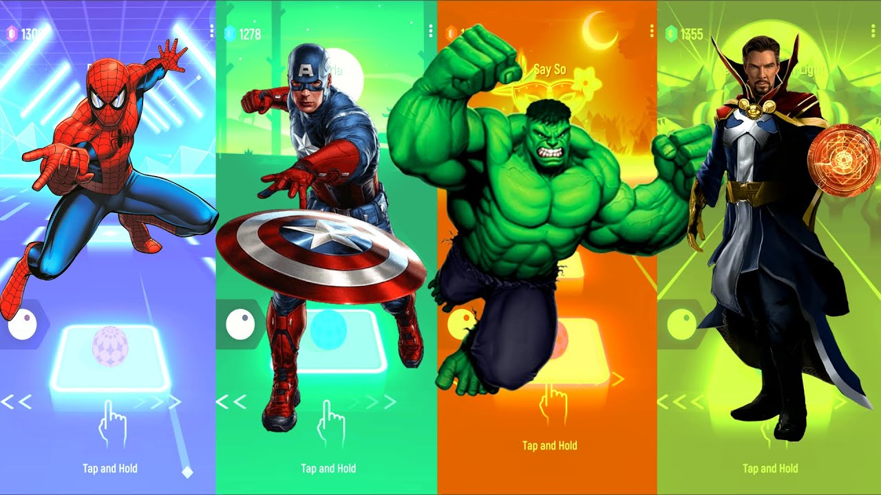 Spiderman 🆚 Captain America 🆚 Hulk 🆚  Doctor Strange | Marvel Heroes | Tiles Hop Fun Ball