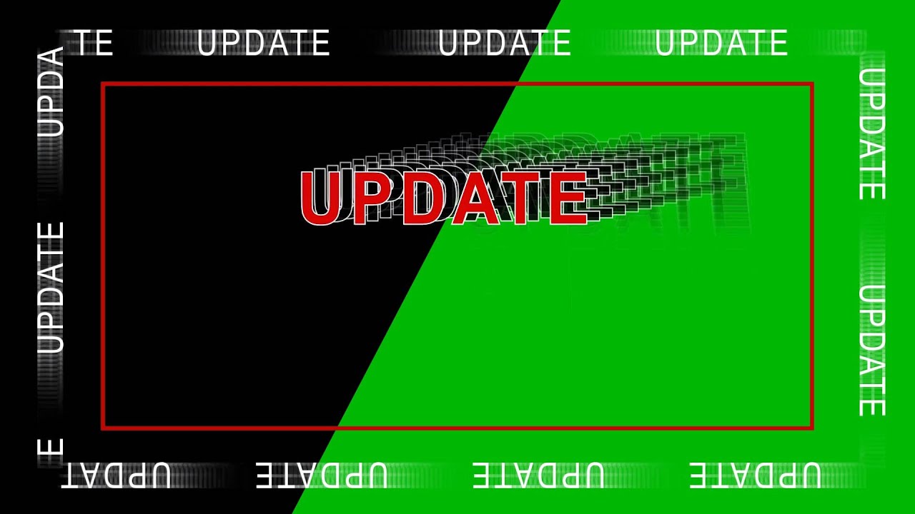 UPDATE - red lettering in motion inside a frame with echo effect on black/green background - loop