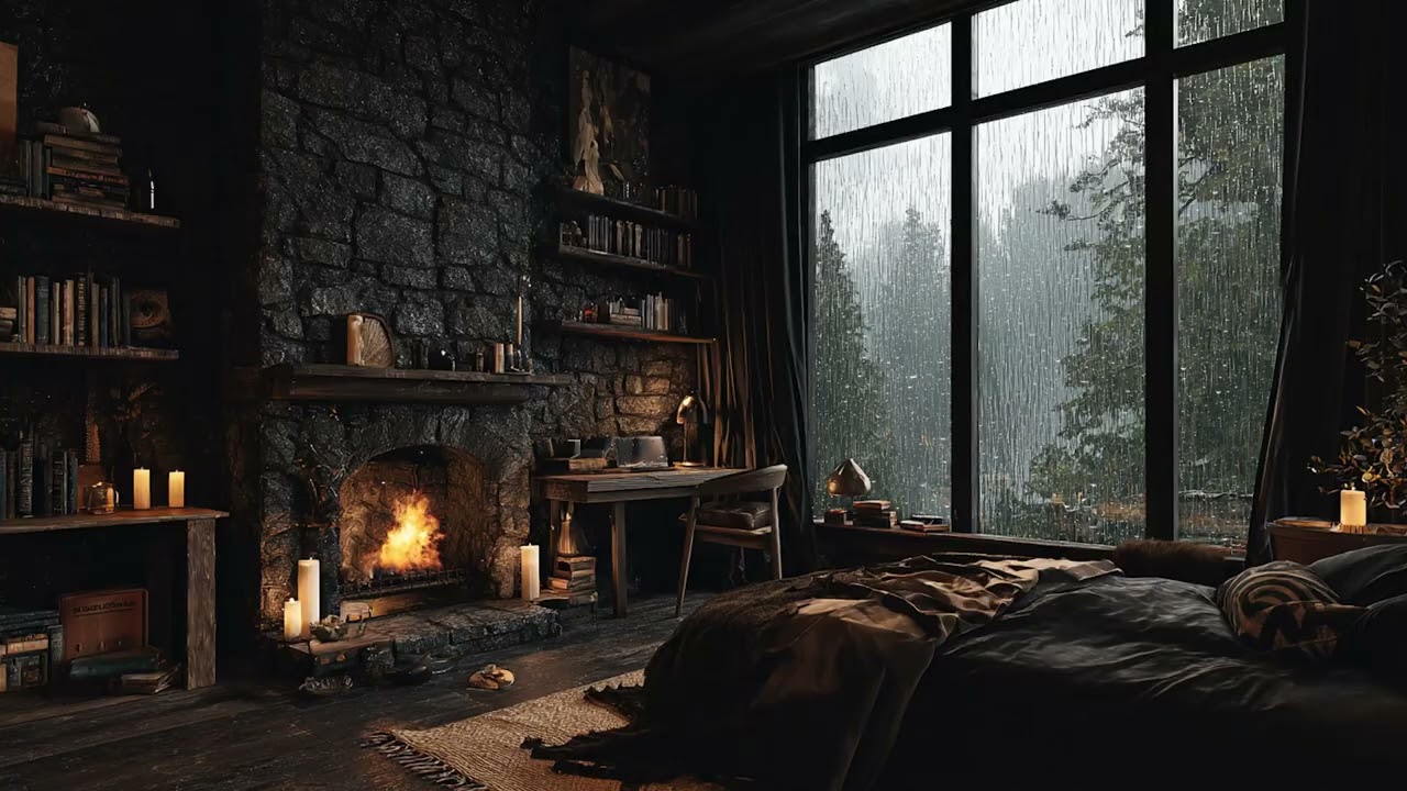 Fireplace Glow & Rainy Night 🌧️ Calm Sleep Ambience