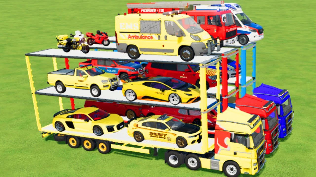 TRANSPORTING CARS, AMBULANCE, POLICE CARS, FIRE TRUCK OF COLORS! WITH TRUCKS! - FS 22
