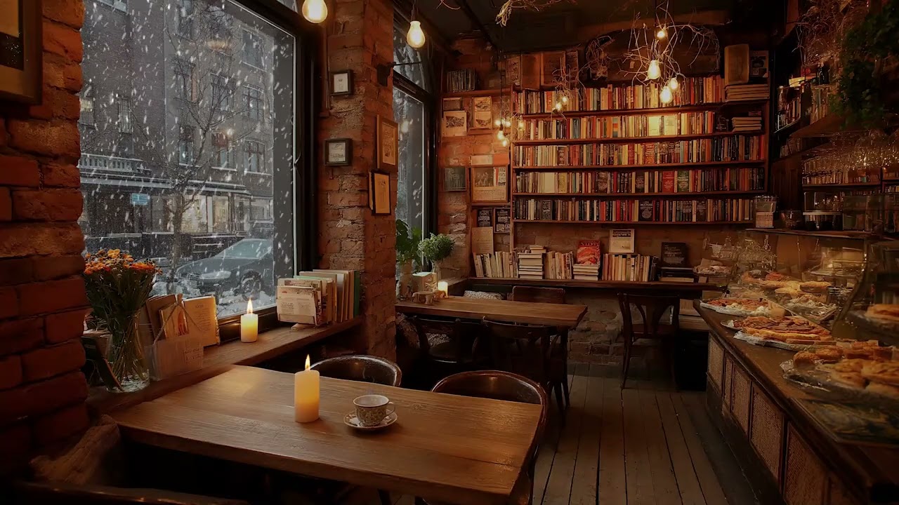 Warm Indoor Café with Snow Outside and Relaxing Piano Music for Studying, Writing, or Meditation