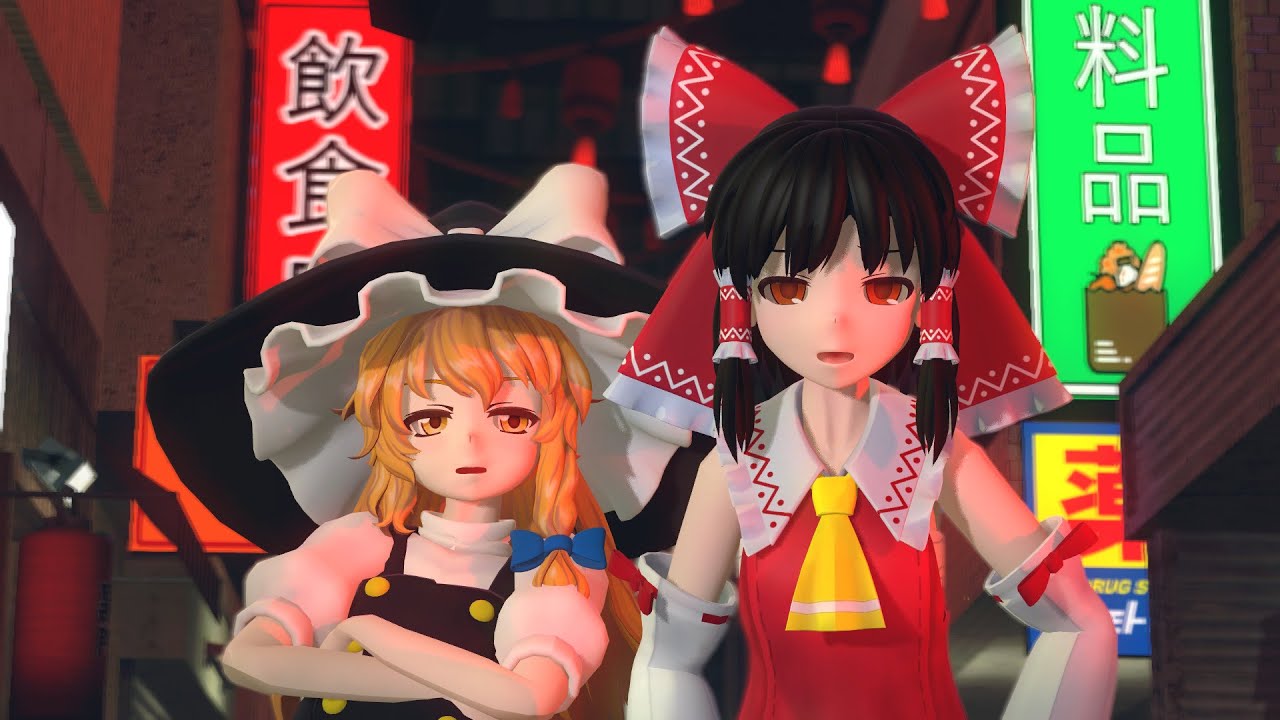 NEO TOKYOの居酒屋で飲み続ける霊夢と魔理沙