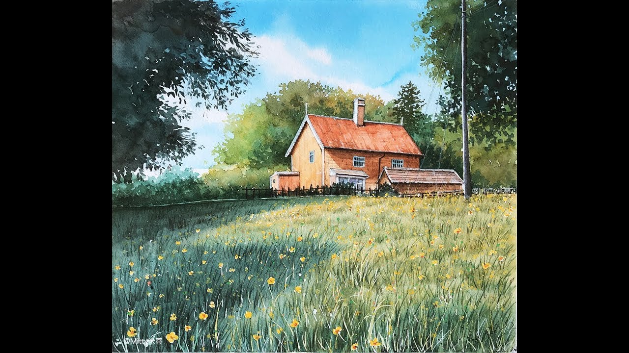 【米蒂风景水彩】清新的夏日美景，countryside watercolor painting