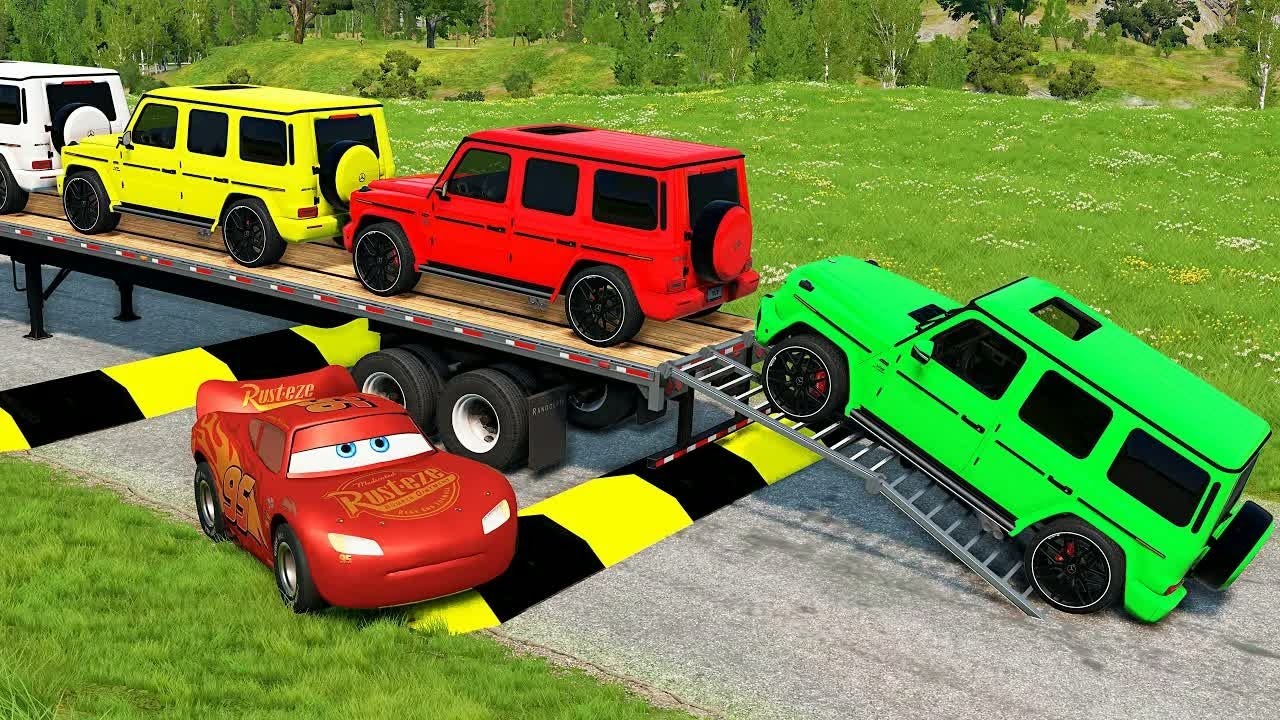 Flatbed Trailer McQueen Transportation with Truck - Speedbumps vs Cars vs Train - BeamNG.Drive #37