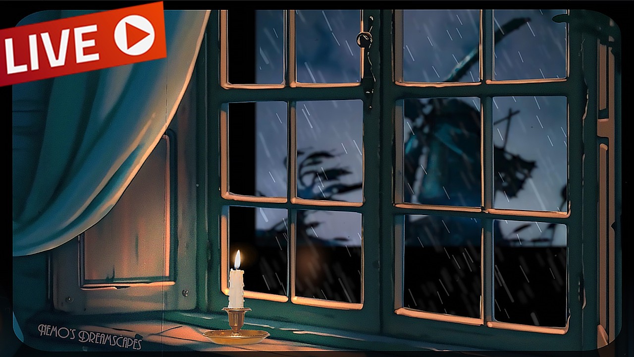 🔴 Stormy night by the Old Mill w/ vintage oldies playing in another room (rain, storm, thunder) 24/7