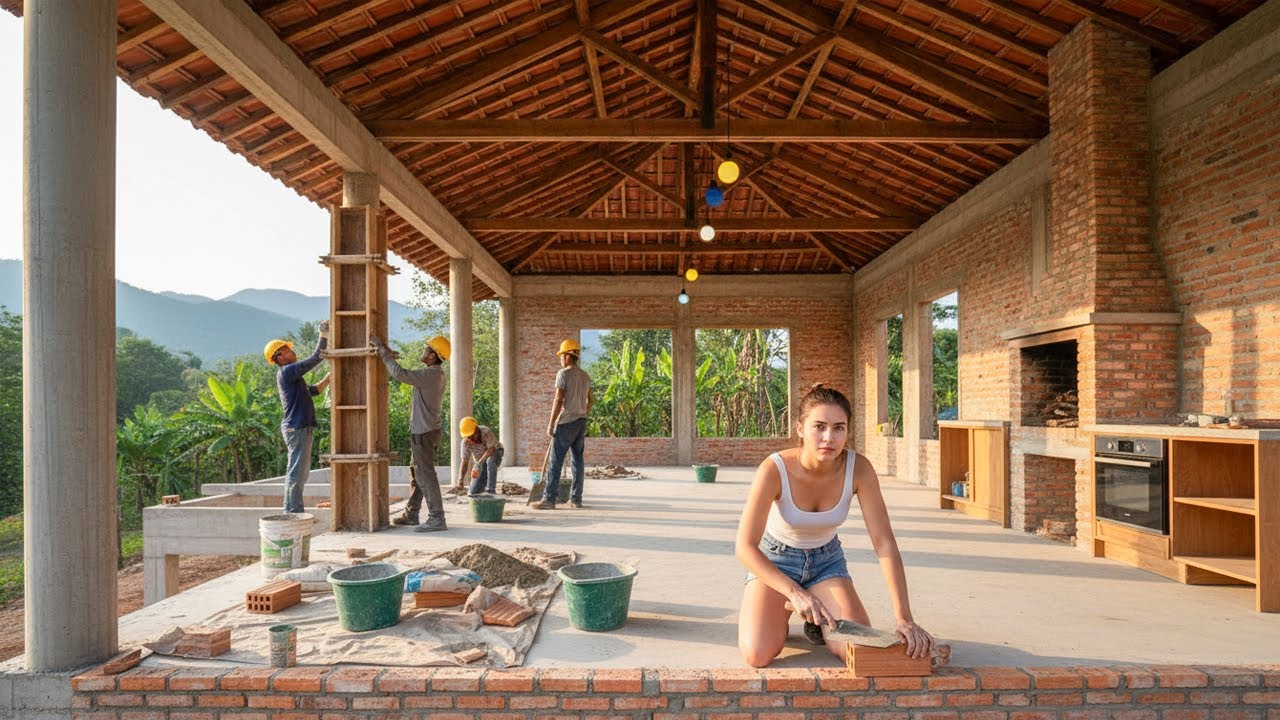 Young Woman Building a Concrete Stilt House with Builders – From First Brick to Final Roof