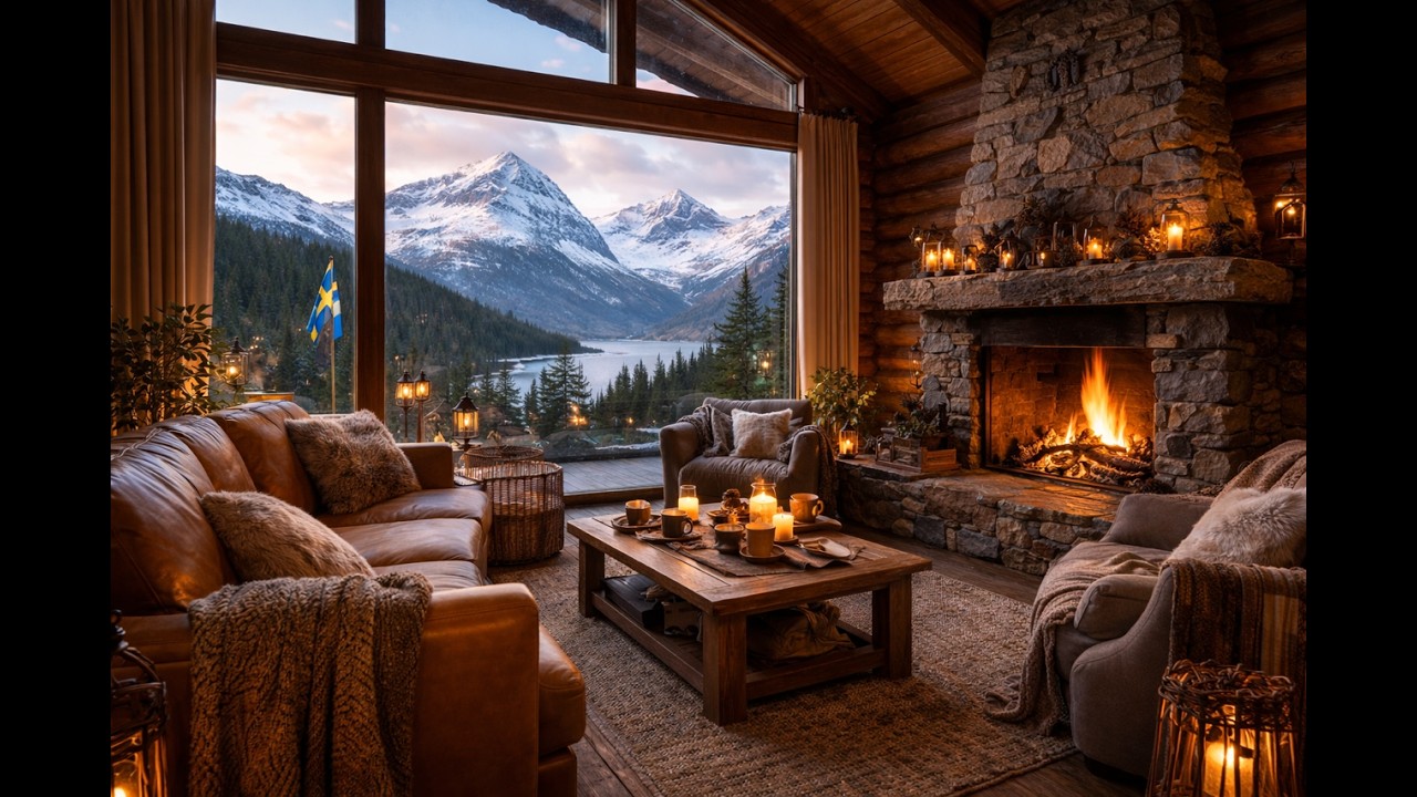 Swedish Cozy Cabin Jazz 🔥 Warm Fireplace Crackle & Smooth Tunes | 4K Relaxation Ambience 🕯️