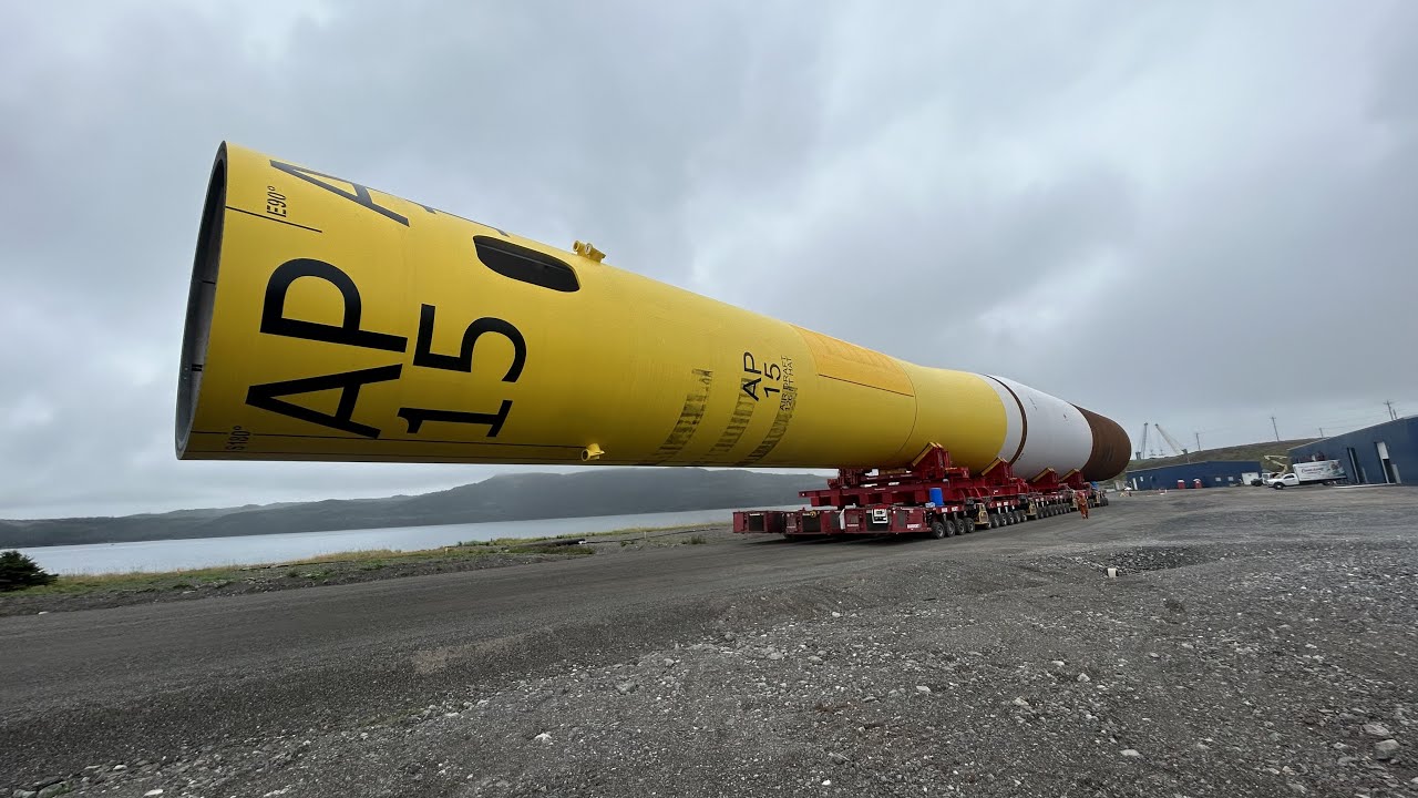 Offshore wind foundation monopiles; marshalling yard at Argentia Newfoundland