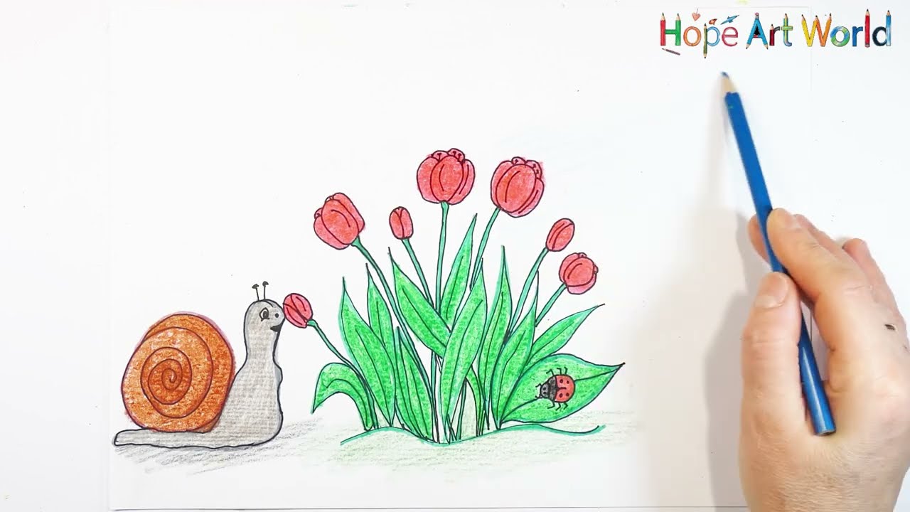 Tulips & Snail: A Delicate Botanical Pencil Sketch
