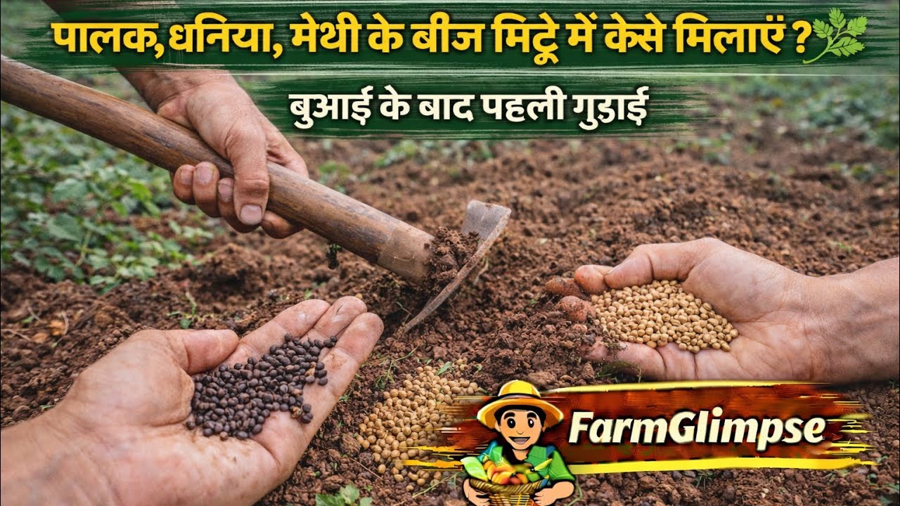 पालक, धनिया, मेथी के बीज मिट्टी में कैसे मिलाएँ? 🌿 | बुआई के बाद पहली गुड़ाई | FarmGlimpse