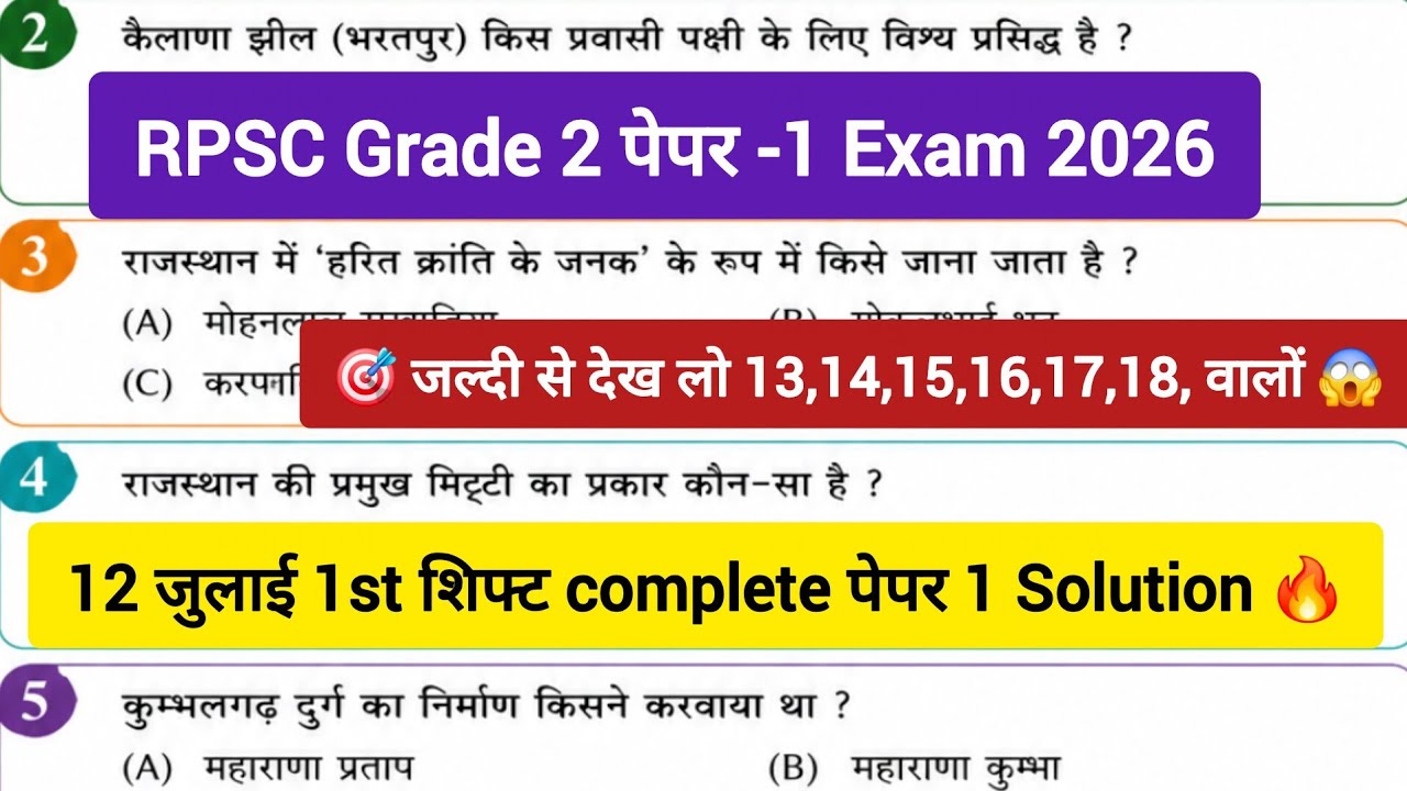 RPSC Grade 2 Paper 1 (July 12, 2026) | Most Accurate Exam Analysis & Memory-Based Questions GK&GS