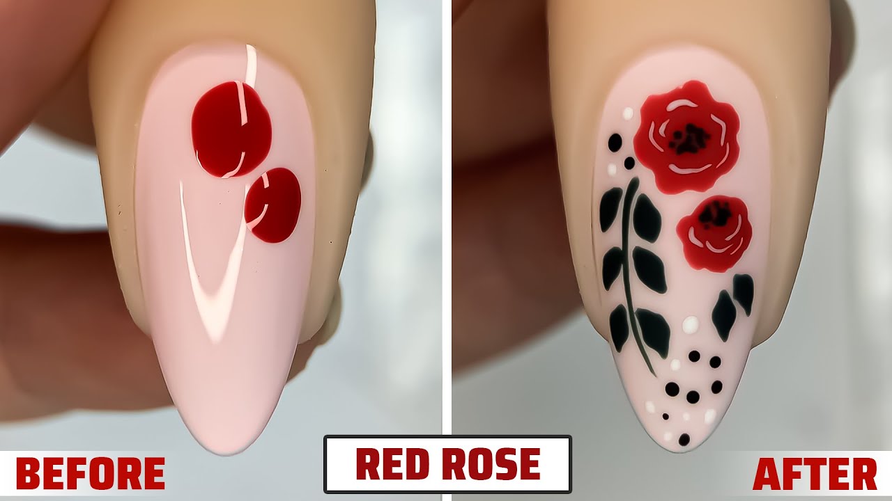 Red Rose Design Nails Art Tutorial For Beginners  💖Easy Nail Art 💅 Leem Nails