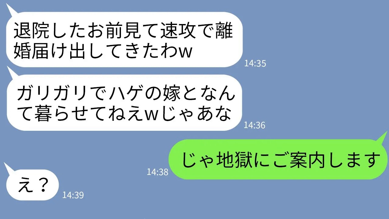 【LINE】闘病生活でボロボロになった妻が退院した当日に離婚届を提出した夫「ガリガリのハゲ女とは無理w」→血も涙もない最低な夫に地獄を見せてやった結果w
