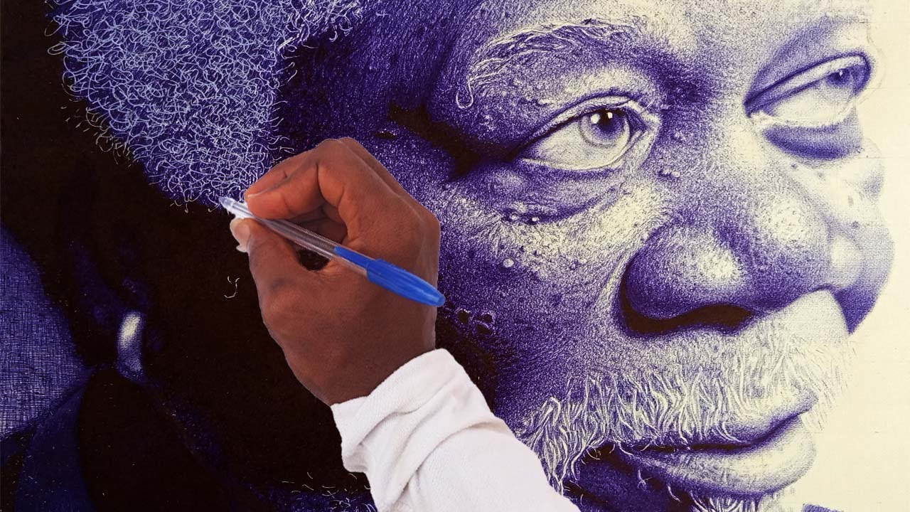 Morgan Freeman Realistic Blue Pen Portrait 2021_(ebuka pen)