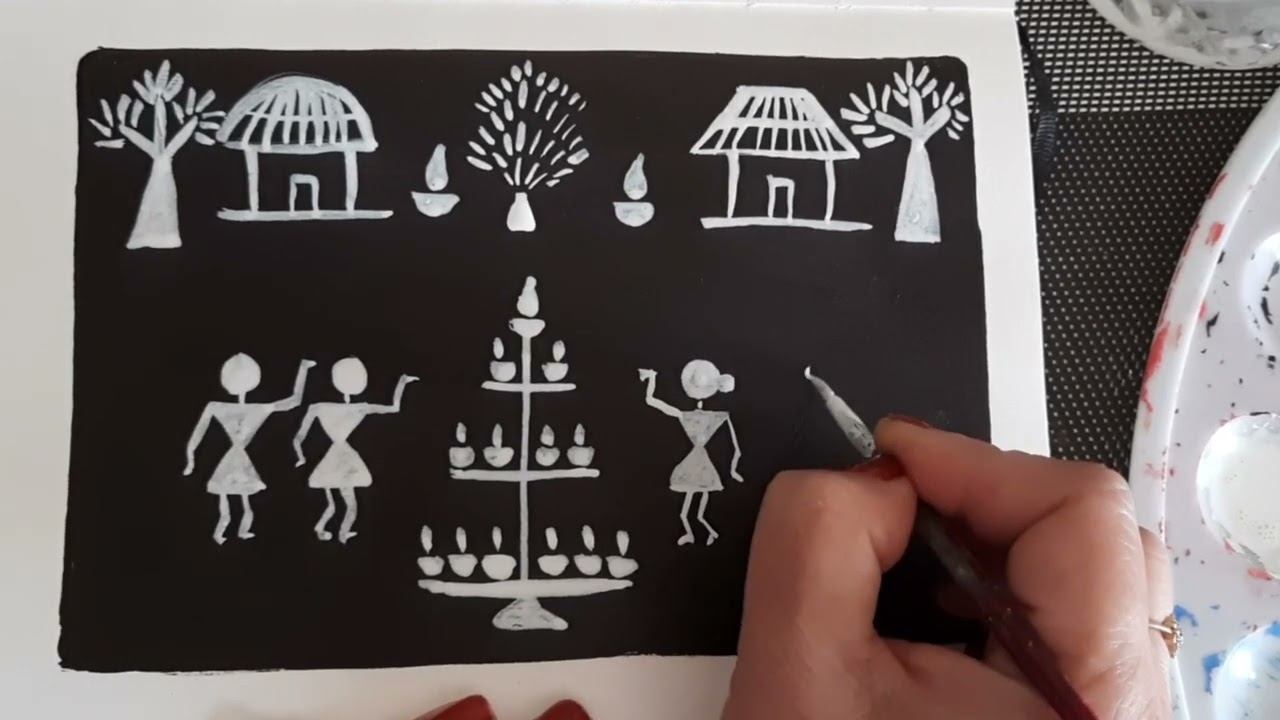 Warli painting village scene Diwali celebration drawing | Warli art tutorial | Indian tribal art