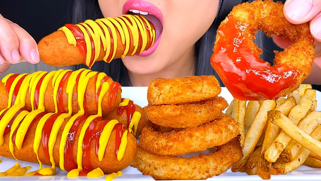 ASMR TRIPLE CORN DOGS & ONION RINGS + RAISING CANES LEMONADE MUKBANG (NO TALKING) ASMR Phan